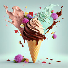 Ice Cream Mix In A Waffle Cone With Splashes And Flowers, Sweet Food In The Summer, Pastel And Chocolate Color, Generative AI