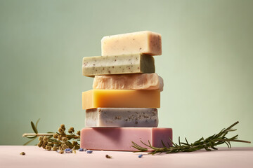 Natural handmade soap with organic medicinal plants, cinnamon spices and flowers. Homemade beauty products with natural essential oils from plants and flowers.ai generative