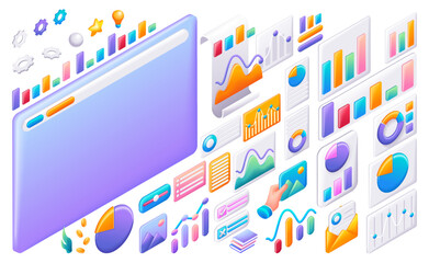 Wall Mural - large isometric set of business and financial icons. cartoon diagrams and graphs for creating busine