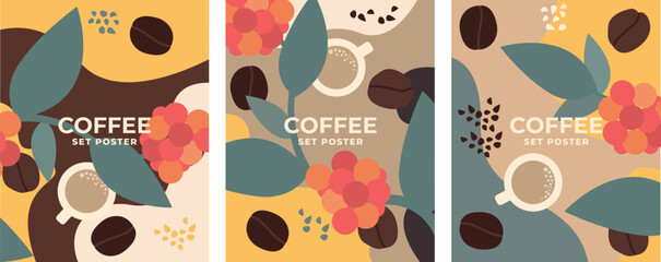 Wall Mural - Coffee design poster set. Set of vector drawings, coffee tree and coffee grains. Design for poster, banner, card. Design elements.