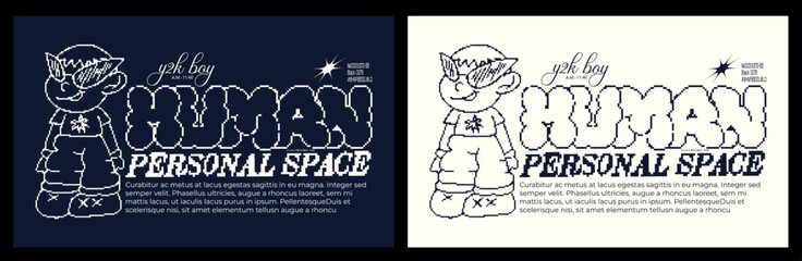 Wall Mural - retro y2k pixel poster with 2000s character. poster with boy in futuristic cyberpunk style. male mas