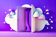 Leinwandbild Motiv Open door leading to purple sky with clouds and clouds on it. Generative AI.