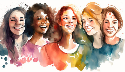 Group of happy women for International Women's Day, watercolor style drawing. Generative Ai,