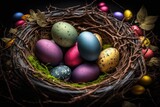 Fototapeta Londyn - Colorful Easter eggs in nest on dark background. Happy Easter
