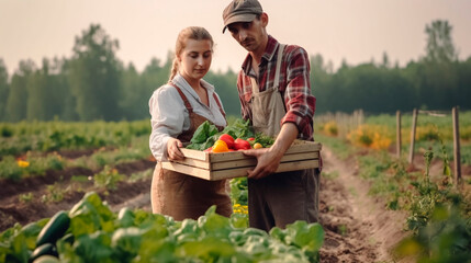 Wall Mural - a man and a woman farmer harvest vegetables in the garden. Generative Ai,