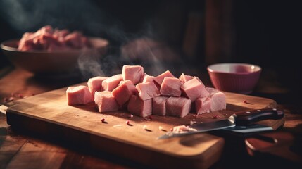  a wooden cutting board topped with chunks of meat next to a bowl of sauce and a knife on a wooden table next to a bowl of chopped meat.  generative ai