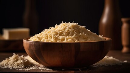  a wooden bowl filled with shredded cheese on top of a wooden table next to a bottle of wine and a bottle of wine in the background.  generative ai