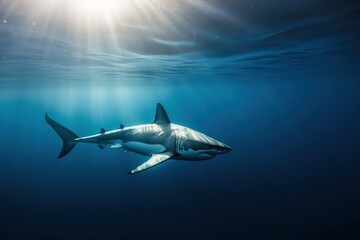 Wall Mural - A white shark in a blue ocean. Generative AI.