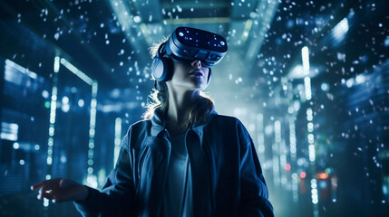 A person wearing a VR headset, navigating a complex matrix of data and code in a virtual reality simulation - ai generative