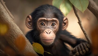  a baby chimpan sitting in a tree looking at the camera with a surprised look on his face and eyes, with a leaf in front of the foreground.  generative ai