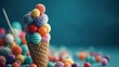  an ice cream cone with colorful candies on it's cone and a pair of tongs sticking out of the top of the cone.  generative ai