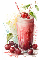 Wall Mural - Cherry smoothie in a tall glass with a straw, watercolor style, generative AI