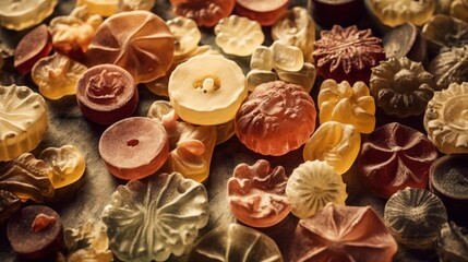 Poster -  a close up of a bunch of different colored candies on a table with a black background and a white button in the middle of the middle of the photo.  generative ai