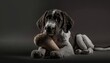  a dog is holding a stuffed animal in its mouth and looking at the camera with a sad look on his face, on a dark background.  generative ai