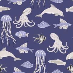 Wall Mural - Seamless pattern with hand drawn sea creatures