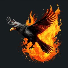 Poster - Crow with flames coming off the wings. Generative AI.