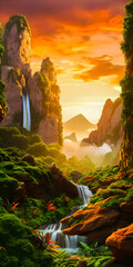 Wall Mural - Fantasy paradise valley landscape with a waterfall, river and trees, sunrise atmosphere with mist and clouds, golden hour - generative AI