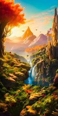 Wall Mural - Fantasy paradise valley landscape with a waterfall, river and trees, sunrise atmosphere with mist and clouds, golden hour - generative AI