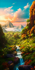 Wall Mural - Fantasy paradise valley landscape with a waterfall, river and trees, sunrise atmosphere with mist and clouds, golden hour - generative AI