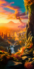 Wall Mural - Fantasy paradise valley landscape with a river and trees, sunrise atmosphere with mist and clouds - generative AI