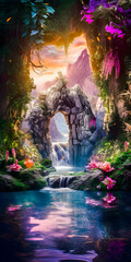 Wall Mural - Stairway to a portal in a fantasy environment, waterfall and colorful plants, amazing cloudscape, ancient ruins, elven world - generative AI