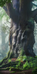 Wall Mural - Old big tree in a magic forest, misty mysterious atmosphere - generative AI