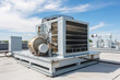 Commercial air conditioning outer fan, commercial HVAC system installed on a rooftop, HVAC image for repair and maintenance company. Generative AI