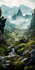 Wall Mural - Fantasy environment with a valley and a river, trees and foliage, stunning view with mist atmosphere - generative AI