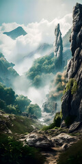 Wall Mural - Beautiful misty landscape with mountains and trees, valley with a river, rocks and foliage - generative AI