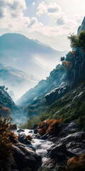 Wall Mural - Beautiful misty landscape with mountains and trees, valley with a river, rocks and foliage - generative AI