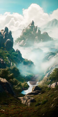 Wall Mural - Fantastic landscape with mountains and trees surrounded by mist, valley with a river, rocks and foliage - generative AI