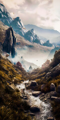 Wall Mural - Fantastic landscape with mountains and trees surrounded by mist, valley with a river, rocks and foliage - generative AI