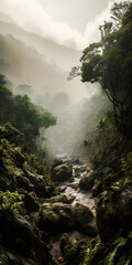 Wall Mural - Epic scenery from a rough valley in a tropical landscape, misty mountains, forest with rocks, paradise environment - generative AI