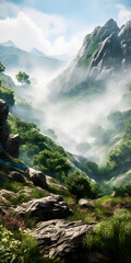 Wall Mural - Stunning view over a rough valley in a tropical landscape, misty mountains, forest with rocks, paradise environment - generative AI