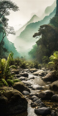 Wall Mural - Epic scenery from a rough valley in a tropical landscape, misty mountains, forest with rocks, paradise environment - generative AI