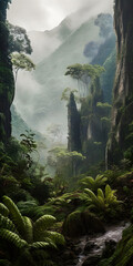 Wall Mural - Stunning view over a rough valley in a tropical landscape, misty mountains, forest with rocks, paradise environment - generative AI