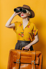 Wall Mural - Stylish blond hair woman in hat and shirt with binoculars and suitcase on yellow background