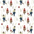 Seamless pattern with fairy tale little red riding hood. Wolf, girl in a red coat with wicker basket on white background for fabric, paper, books, toys, paper.