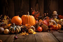 Autumn Composition On A Rustic Wooden Background. Decorative Pumpkins, Various Leaves, Pine Cones, Nuts. Orange, Yellow, Red  And Brown Aesthetics. Generative AI