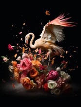 Fine Art Flamingo Bird In A Explosion Of Flowers And Colors Generative Ai
