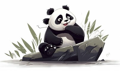  a panda bear sitting on a rock in the grass with its paws on a rock and looking at the ground with its eyes open and tongue out.  generative ai