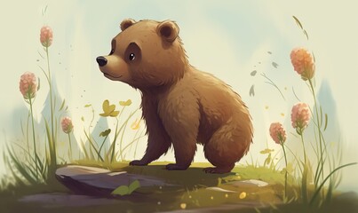 Poster - a brown bear standing on top of a grass covered field next to flowers and a rock in the grass with a