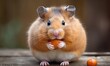 © Anna - a hamster eating an orange on a wooden table next to an orange ball and a wooden table with a blurry background and a blurry background.  generative ai