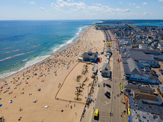 Hampton Beach aerial view including historic waterfront buildings on Ocean Boulevard and Hampton Beach State Park, Town of Hampton, New Hampshire NH, USA.