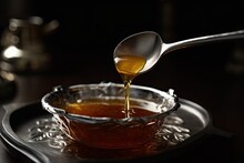Alternative To Sugar: Raw Honey Being Poured Into A Silver Spoon - A Natural Sweetener With Medicinal Properties. Generative AI