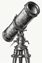 Exploring The Cosmos: Vintaged Black And White Telescope Illustration For Posters & Prints. Generative AI