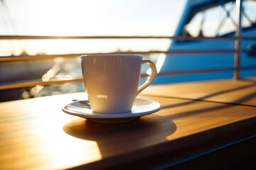 Yacht anchorage morning cup of coffee on yacht table in marina. Feeling of freedom and carefree. Created with Generative AI technology.