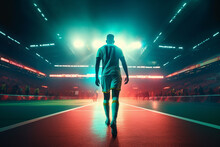 Jogador De Futebol Para Trás Entrando No Estádio, Luzes De Néon Futuristas