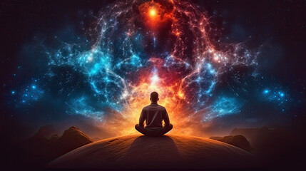 Wall Mural - generative ai illustration of a man meditating about the big bang of the universe, concept for enlig