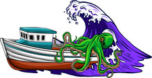 Vector Illustration Of Sailing Ship And Kraken Giant Octopus On White Background